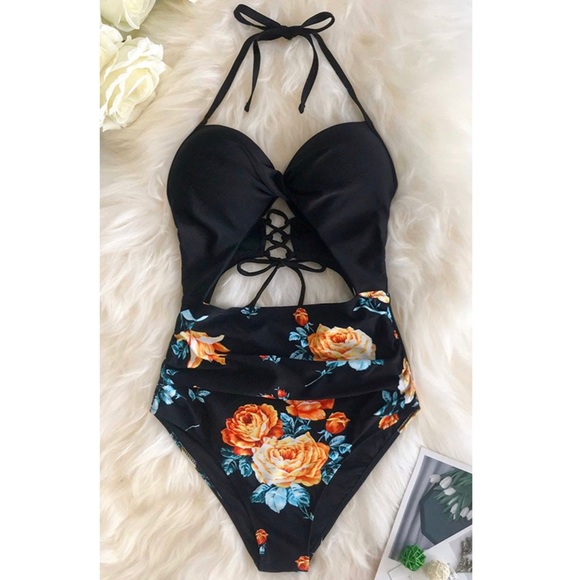Black Floral Print Halter One Piece Swimsuit Sz L= - Picture 3 of 13